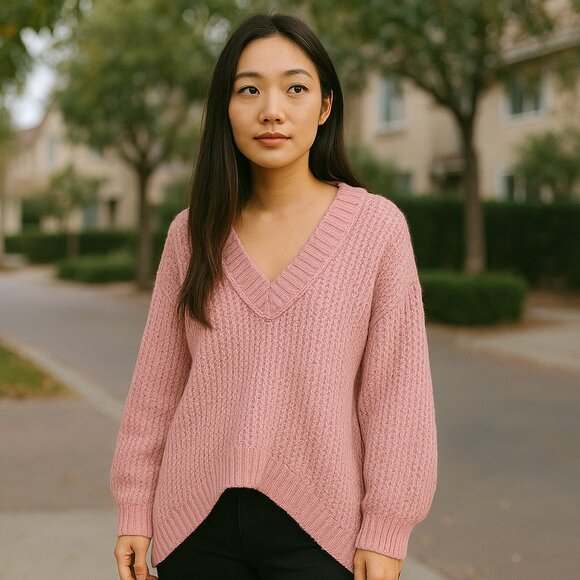 Zara Blush Chunky Knit V-Neck Wool Alpaca Blend Sweater Sz M - Picture 1 of 8